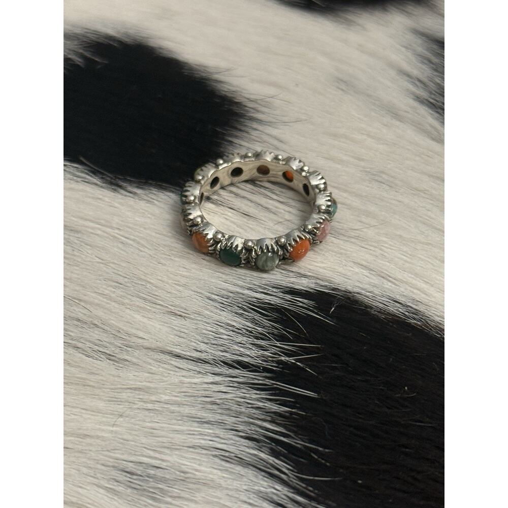 Native American Sterling Silver Orange Spiny Pink Multistone Eternity Ring - Picture 11 of 13